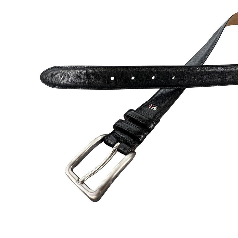 Tommy Hilfiger Mens Belt Black Leather Silver Buckle Dress Classic Formal Preppy - Picture 7 of 10
